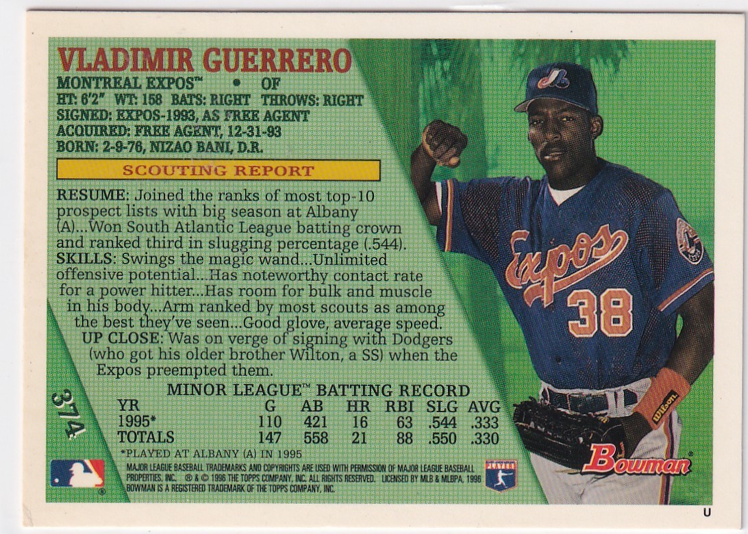 1998 TOPPS BOWMAN #374 VLADIMIR GUEERRERO- MONTREAL EXPOS