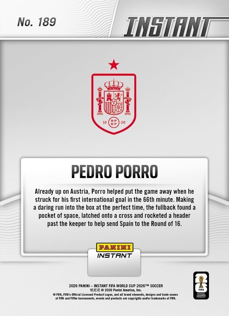 2026 Panini Instant FIFA World Cup #189 Pedro Porro Spain PRESALE
