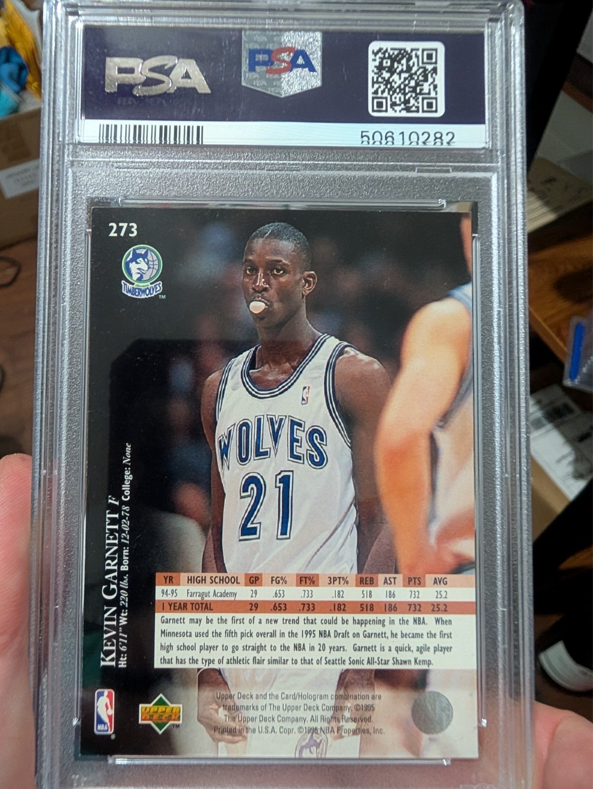 1995 Upper Deck Electric Court Rookie Kevin Garnett #273 Timberwolves PSA 9