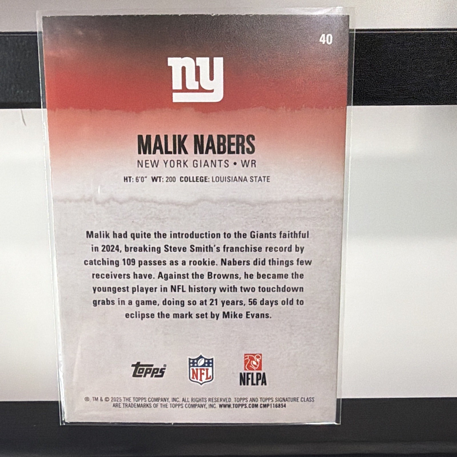 Topps Signature Class 2025 Malik Nabers Round 1 Pick 6 RC #40 Giants /225
