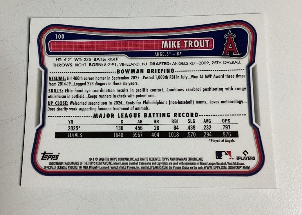 2026 Bowman Mega Box MIKE TROUT Chrome Mojo Refractor Card #100 Angels