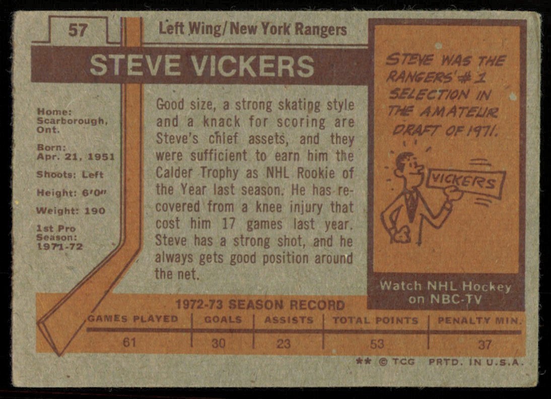 1973-74 TOPPS STEVE VICKERS NEW YORK RANGERS #57 VG+