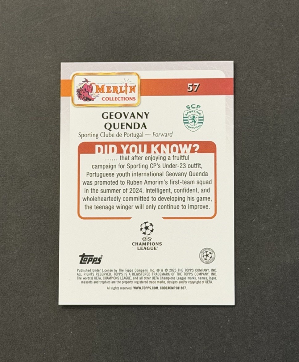 2024-25 Topps Merlin UEFA #57 Geovany Quenda Pink Refractor /199 RC