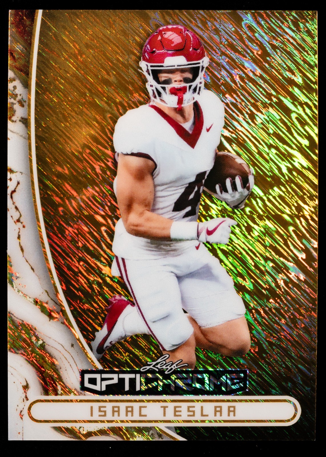 Isaac Teslaa 1/1 Gold 2026 Leaf Optichrome Football Razorbacks Lions