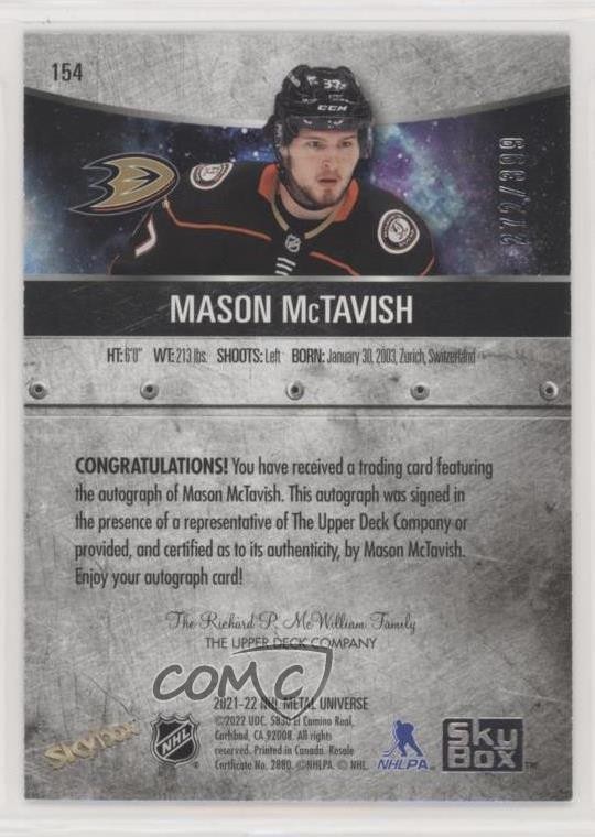 2021 Skybox Metal Universe Rookies Silver /399 Mason McTavish Rookie Auto RC gv6
