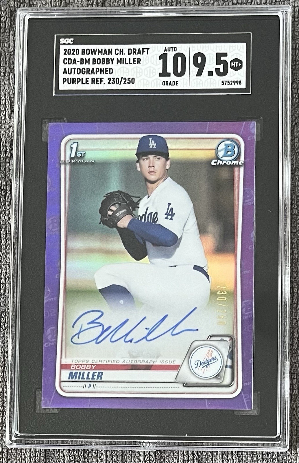 Dodgers Bobby Miller 2020 Bowman Chrome Purple Refractor /250 AUTO – SGC 9.5/10