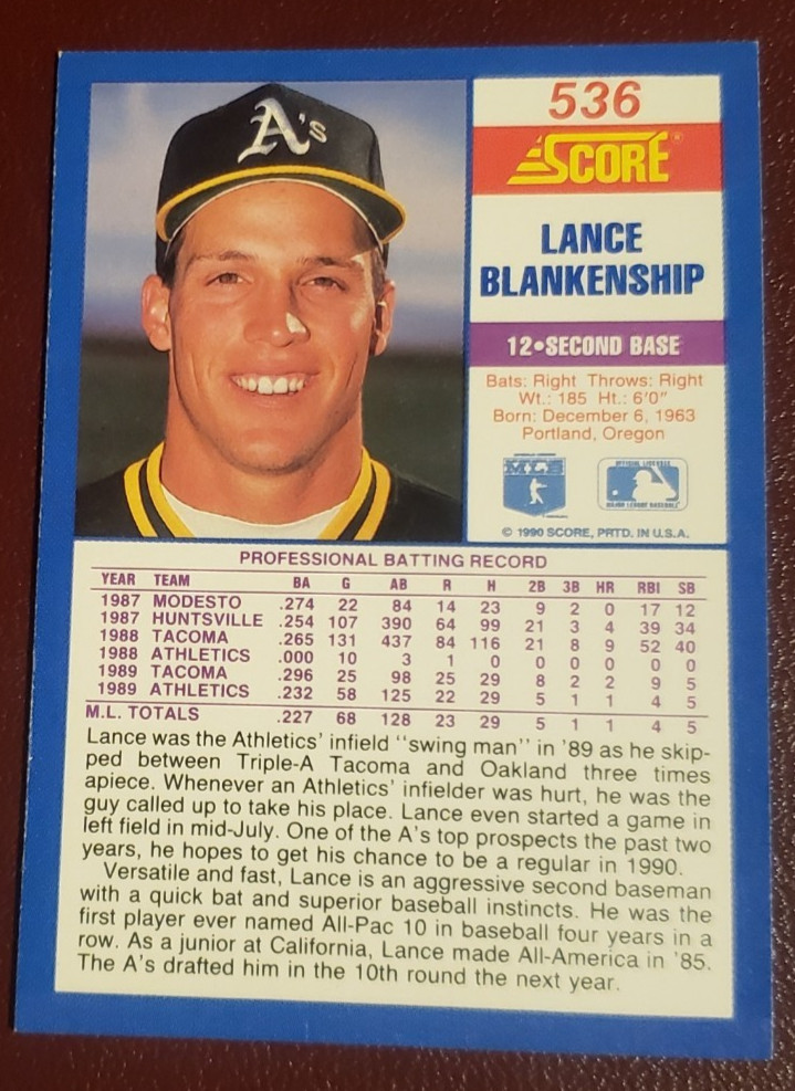 1990 Score #536 Lance Blankenship 2B Oakland Athletics ***40% OFF 2 or MORE