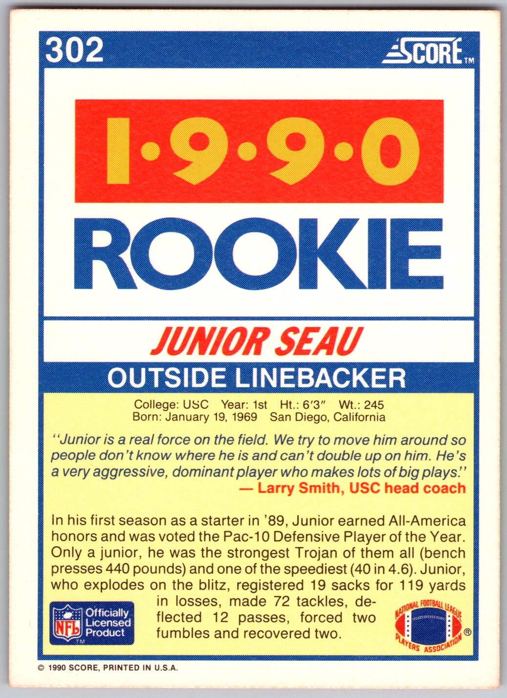 1990 Score 302 Junior Seau RC USC Trojans Football Card