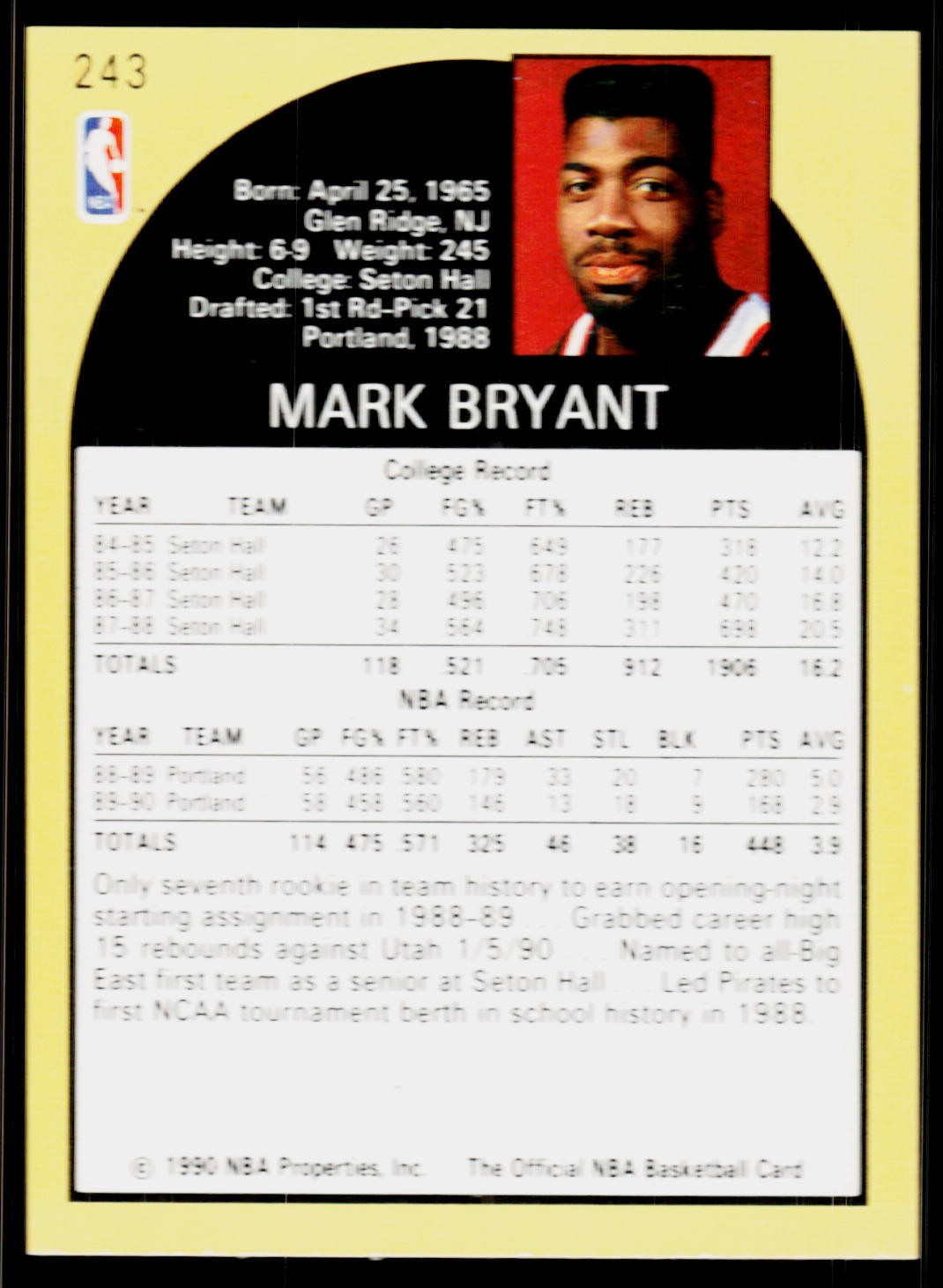 Mark Bryant, 1990-91 Hoops, #243, Portland Trail Blazers,