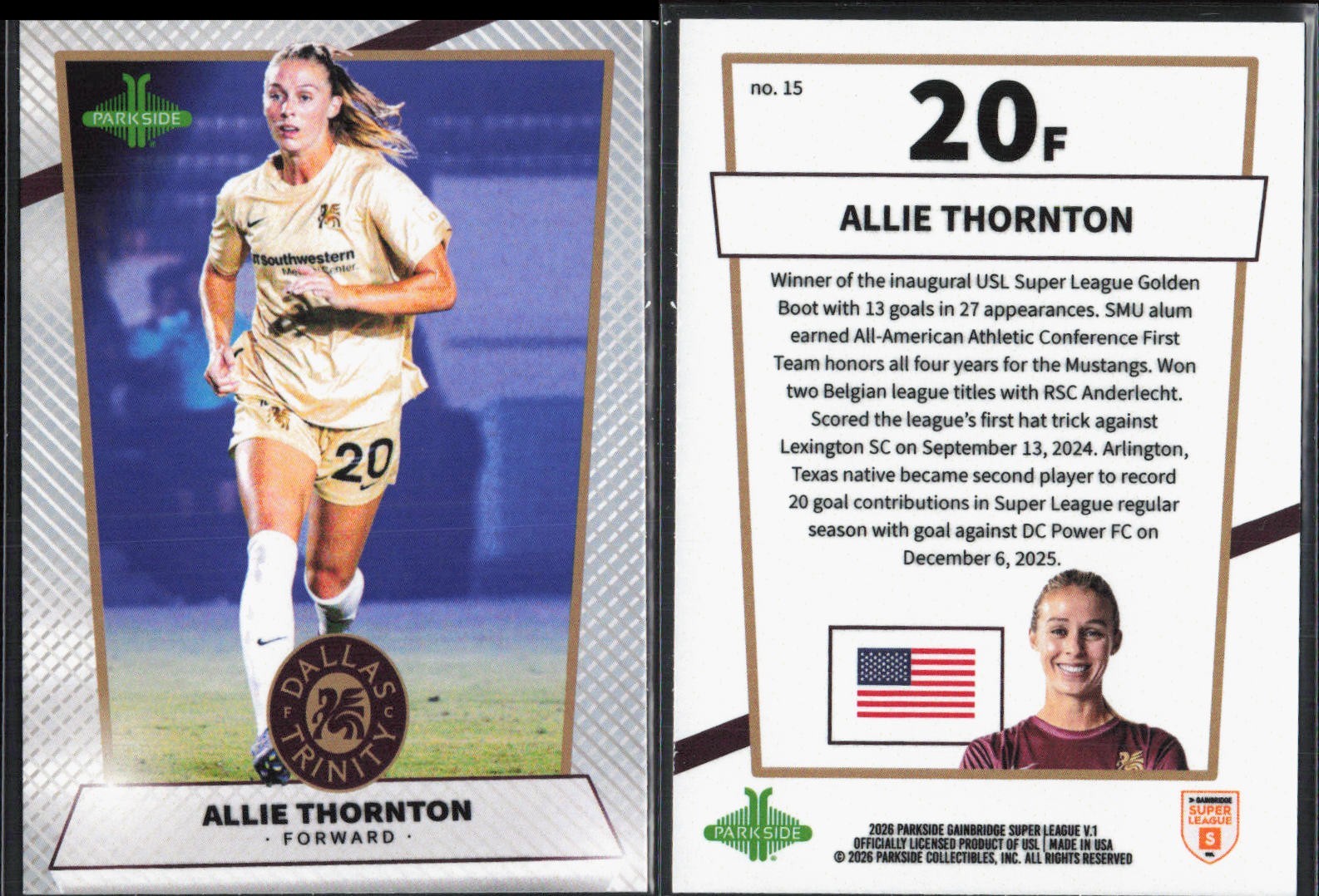 2026 Parkside USL Gainbridge Super League #15 Allie Thornton Dallas Trinity FC