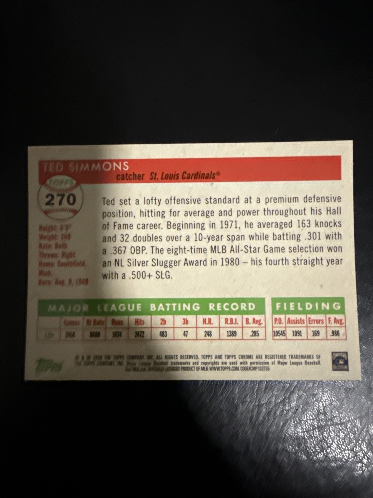 2025 Topps Platinum Ted Simmons /75 Rose Gold Sparkle