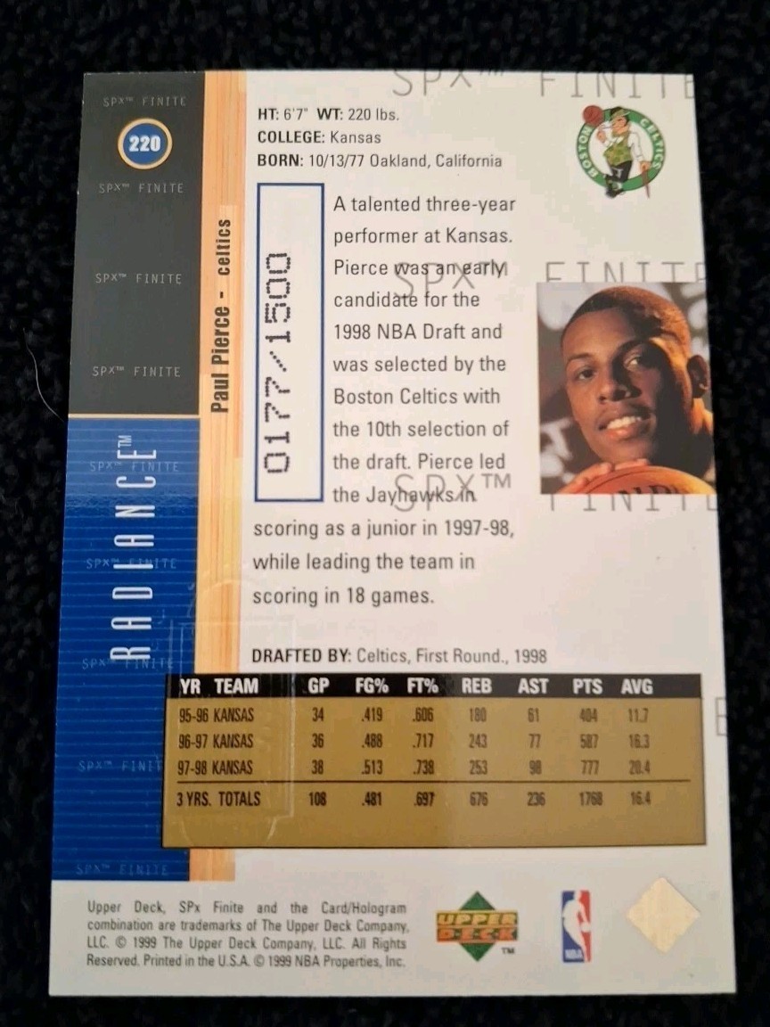1998-99 Upper Deck SPx Finite Paul Pierce Rookie RC Boston Celtics # /1500 SP