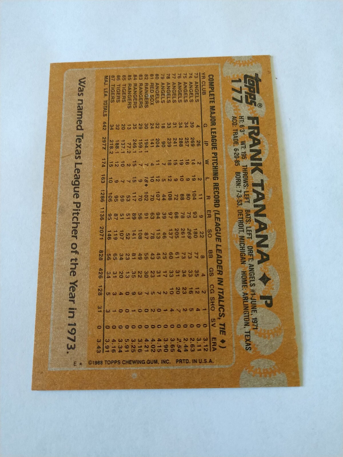 1988 TOPPS FRANK TANANA DETROIT TIGERS #177