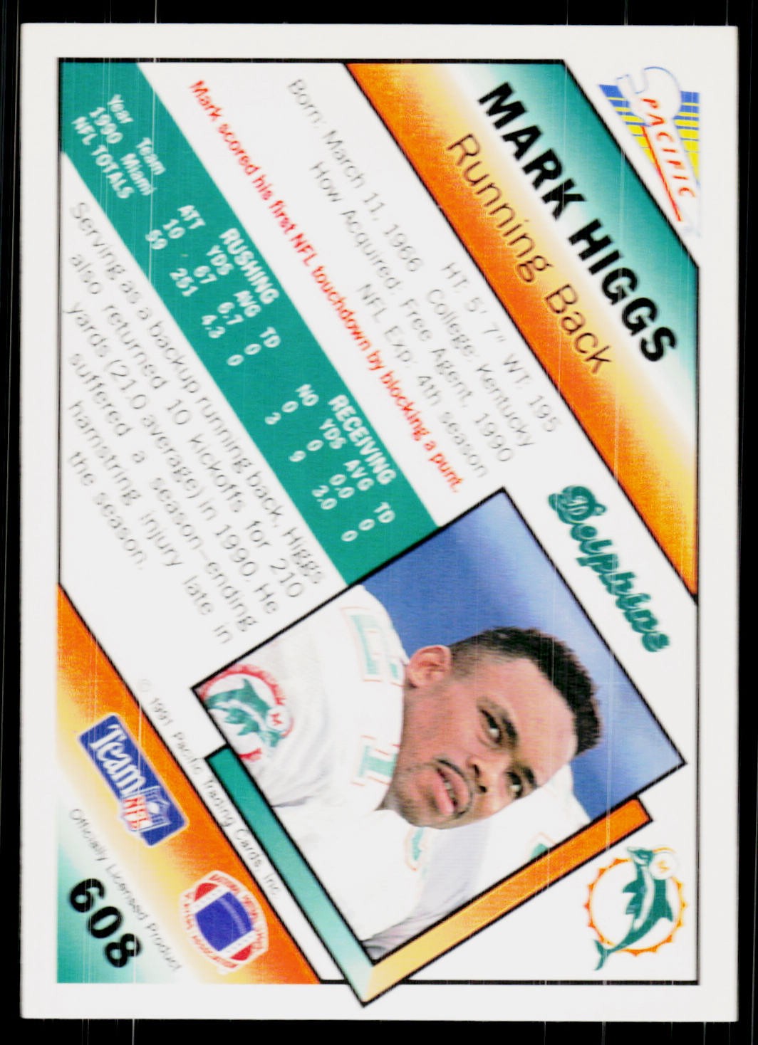 Mark Higgs, 1991 Pacific, #608, Miami Dolphins, RC