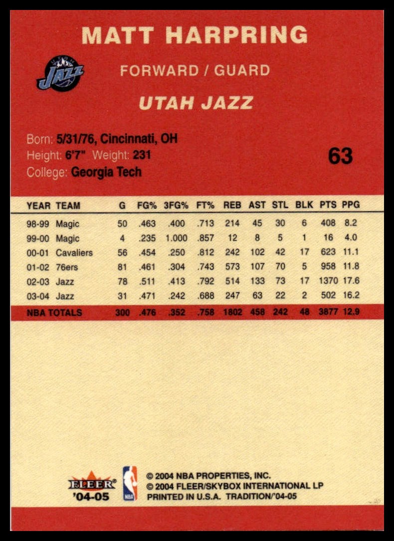 Matt Harpring 2004-05 Fleer Tradition #63 Crystal #/150 Utah Jazz