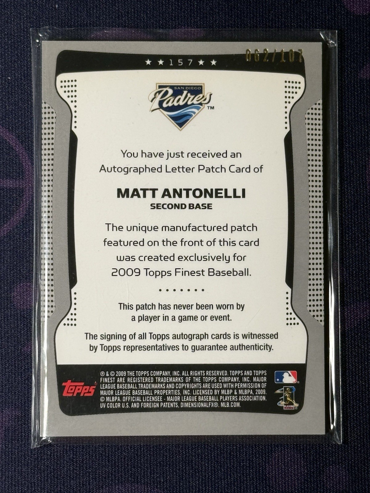 Matt Antonelli 2009 Topps Finest RC Auto Letter T Patch SP 062/107 Padres