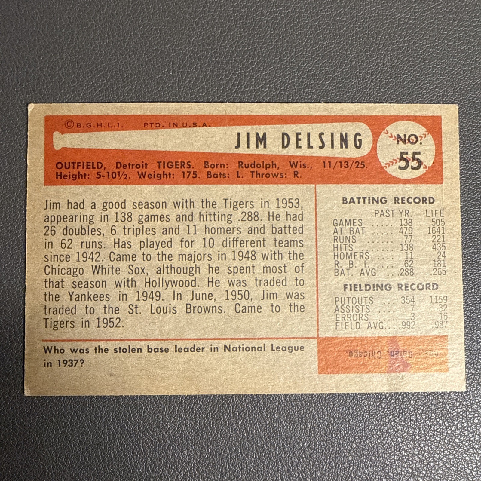 1954 Bowman – Jim Delsing #55 See description