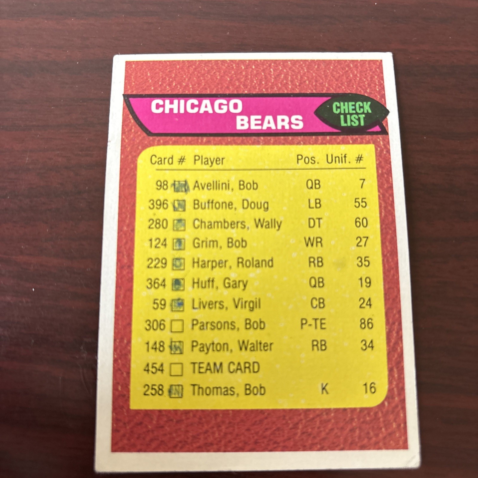 1976 Topps Chicago Bears Team Checklist Marked Walter Payton