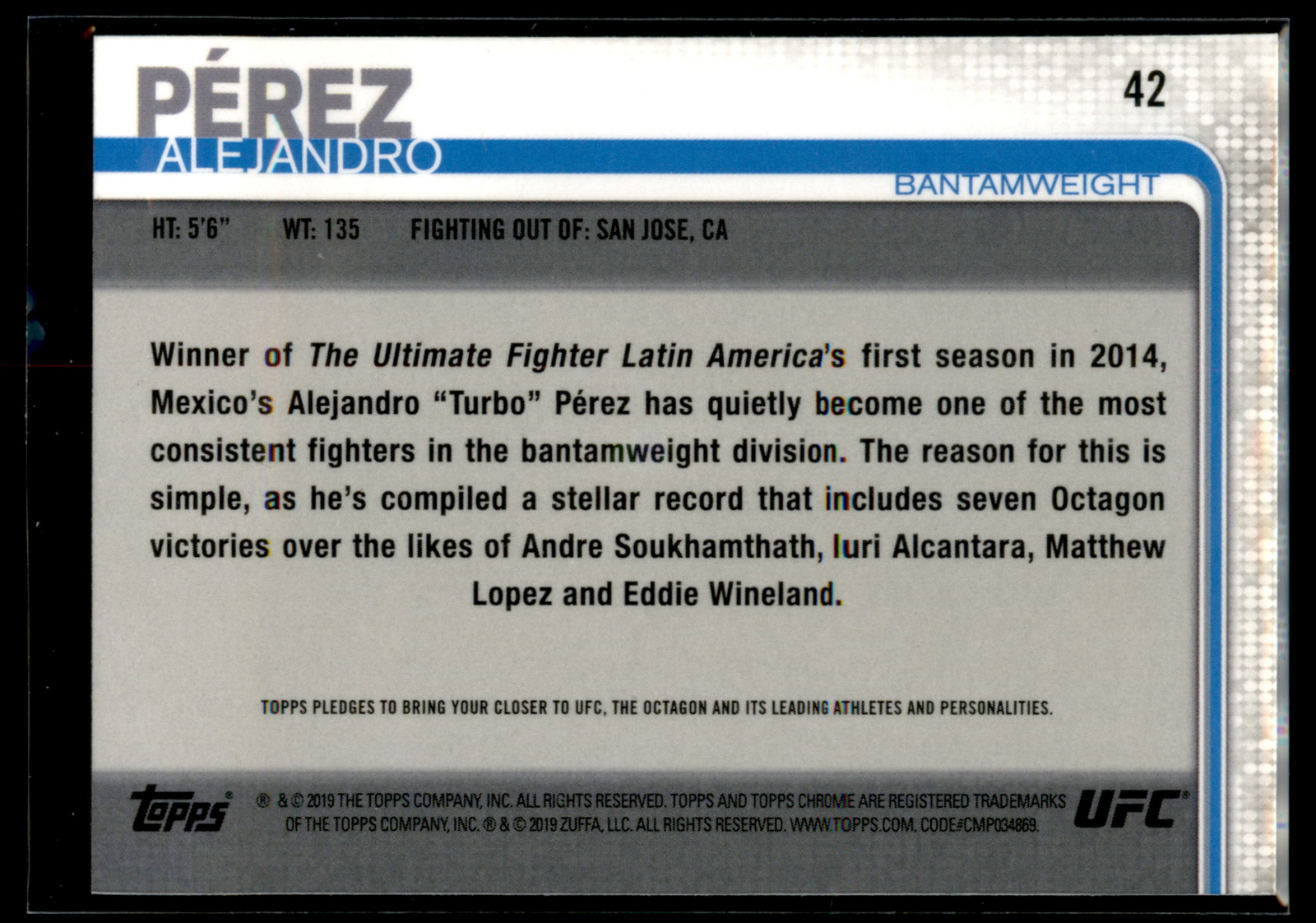 2019 Topps UFC Chrome MMA Base Set #42 Alejandro Perez RC – Bantamweight