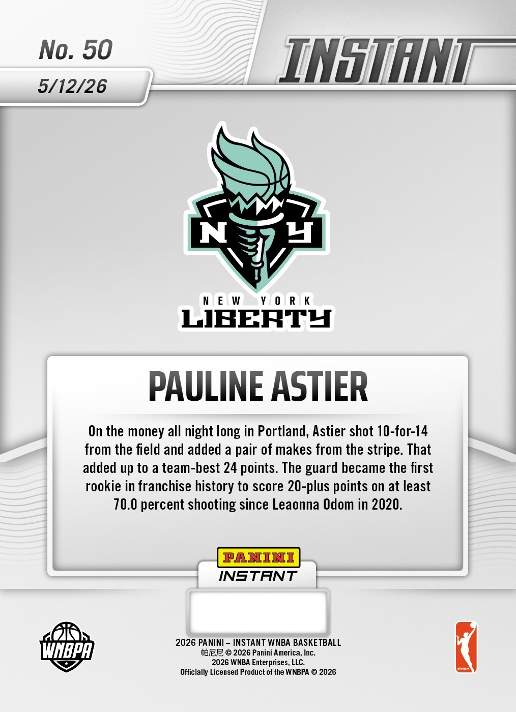 2026 Panini Instant WNBA Pauline Astier ROOKIE CARD SP New York Liberty #50 RC