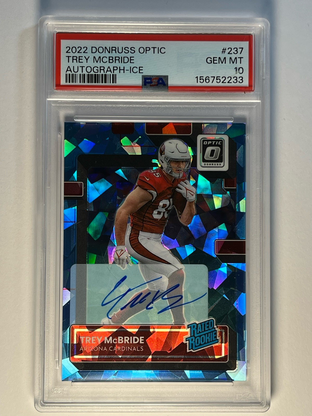 2022 Panini Optic Rated Rookie Trey McBride Blue Ice Prizm Auto /15 PSA 10