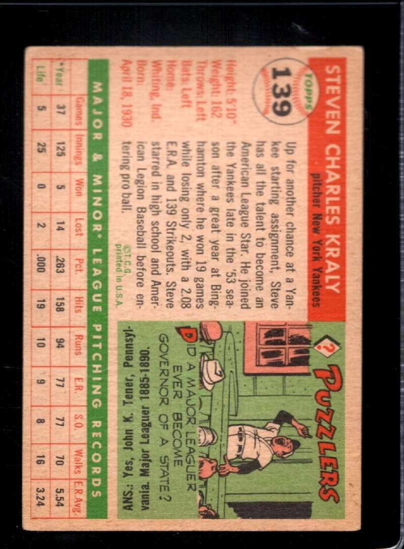 1955 TOPPS #139 STEVE KRALY GOOD+ (RC) YANKEES UER *NY6100