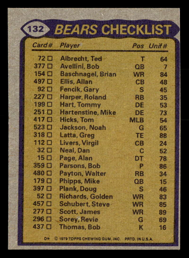 1979 Topps Bears Team/Checklist Payton/Scott/Fencik/Page #132 EXMT Y7155
