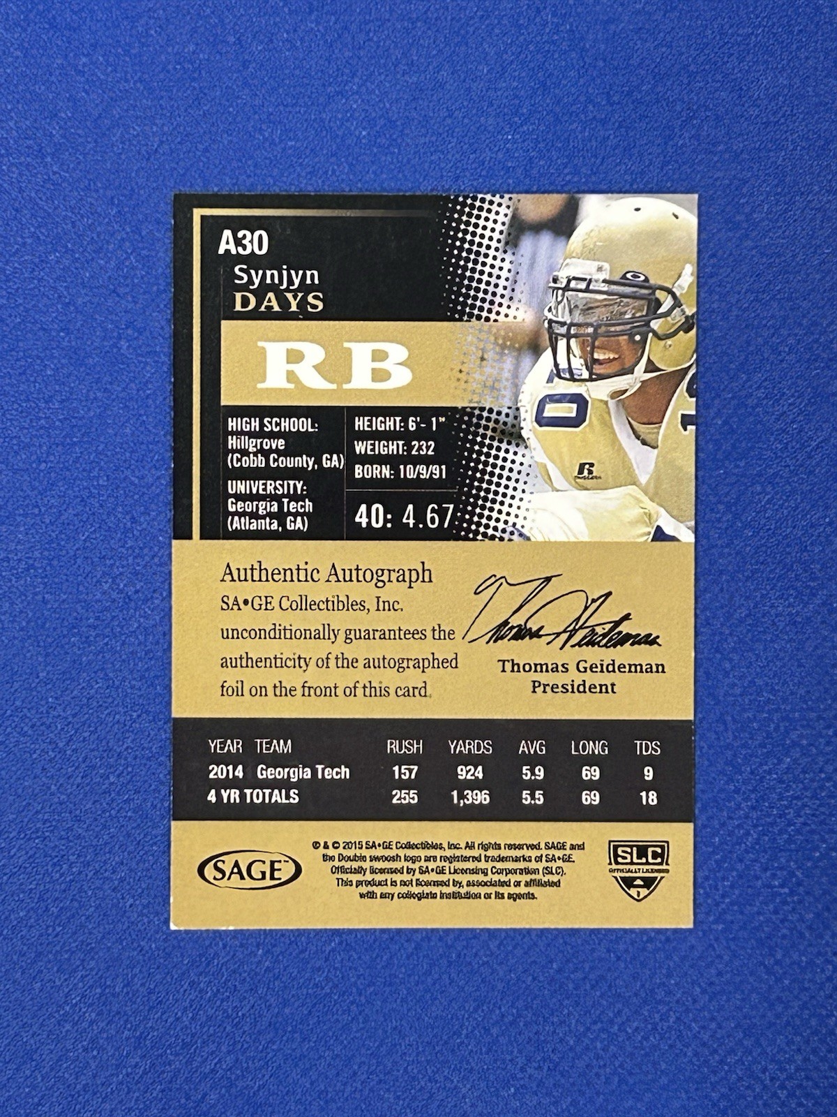 2015 Sage Hit Auto Red Synjyn Days #A30 Rookie Autograph RC UU