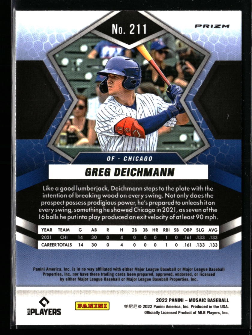 Greg Deichmann 2022 Panini Mosaic #211 Reactive Orange Mosaic Prizm Rookie Cubs