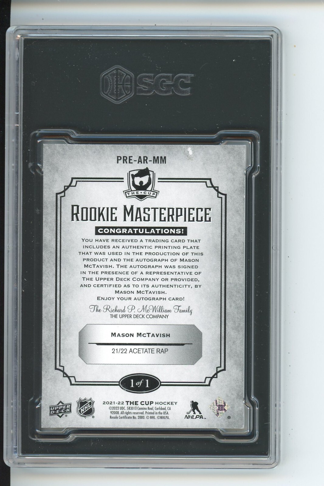 SGC Auto 10 Mason McTavish 2021-22 The Cup Rookie Masterpiece Printing Plate 1/1
