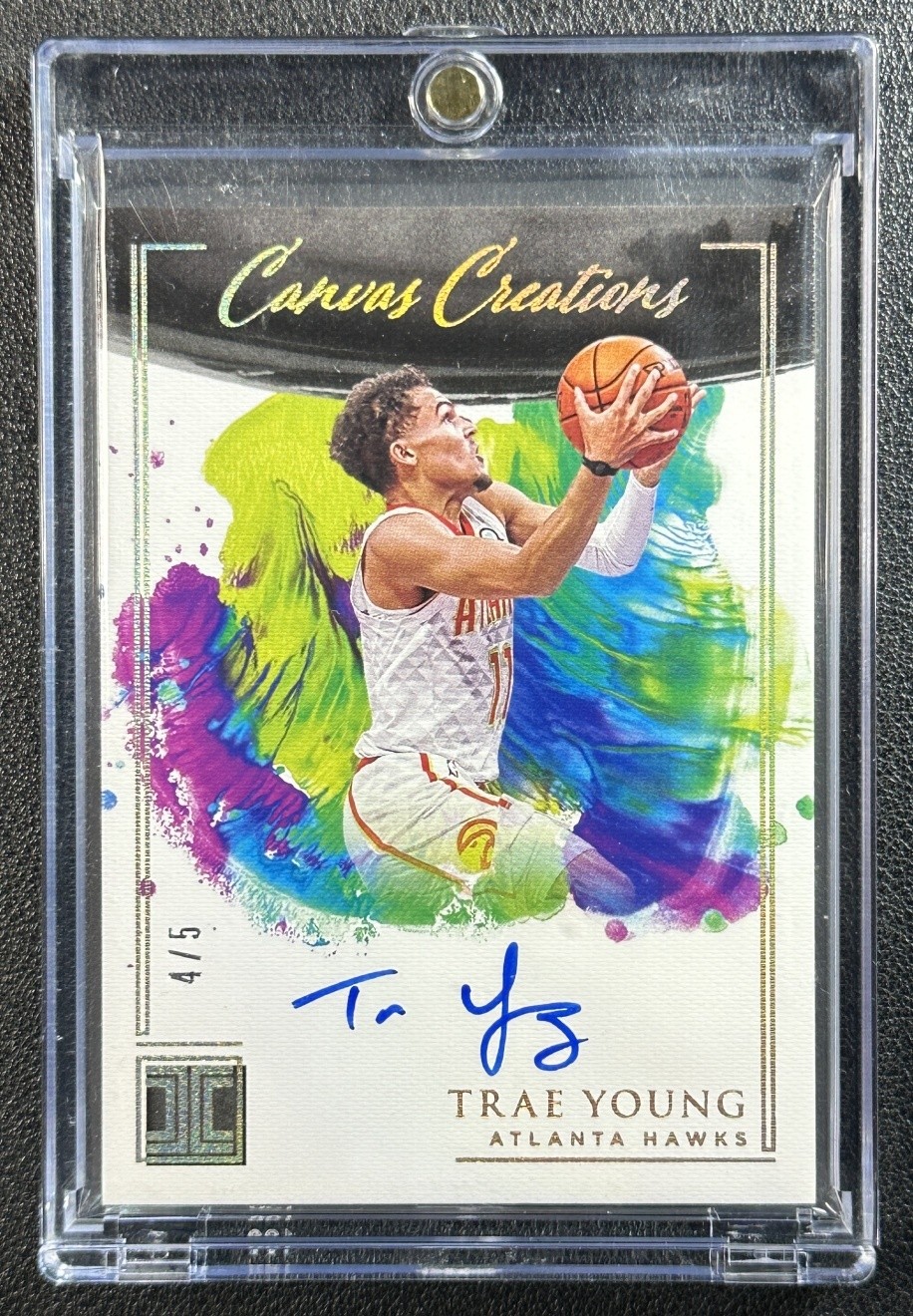 TRAE YOUNG 2020-21 PANINI IMPECCABLE #CC-TRY CANVAS CREATIONS HOLO GOLD AUTO 4/5