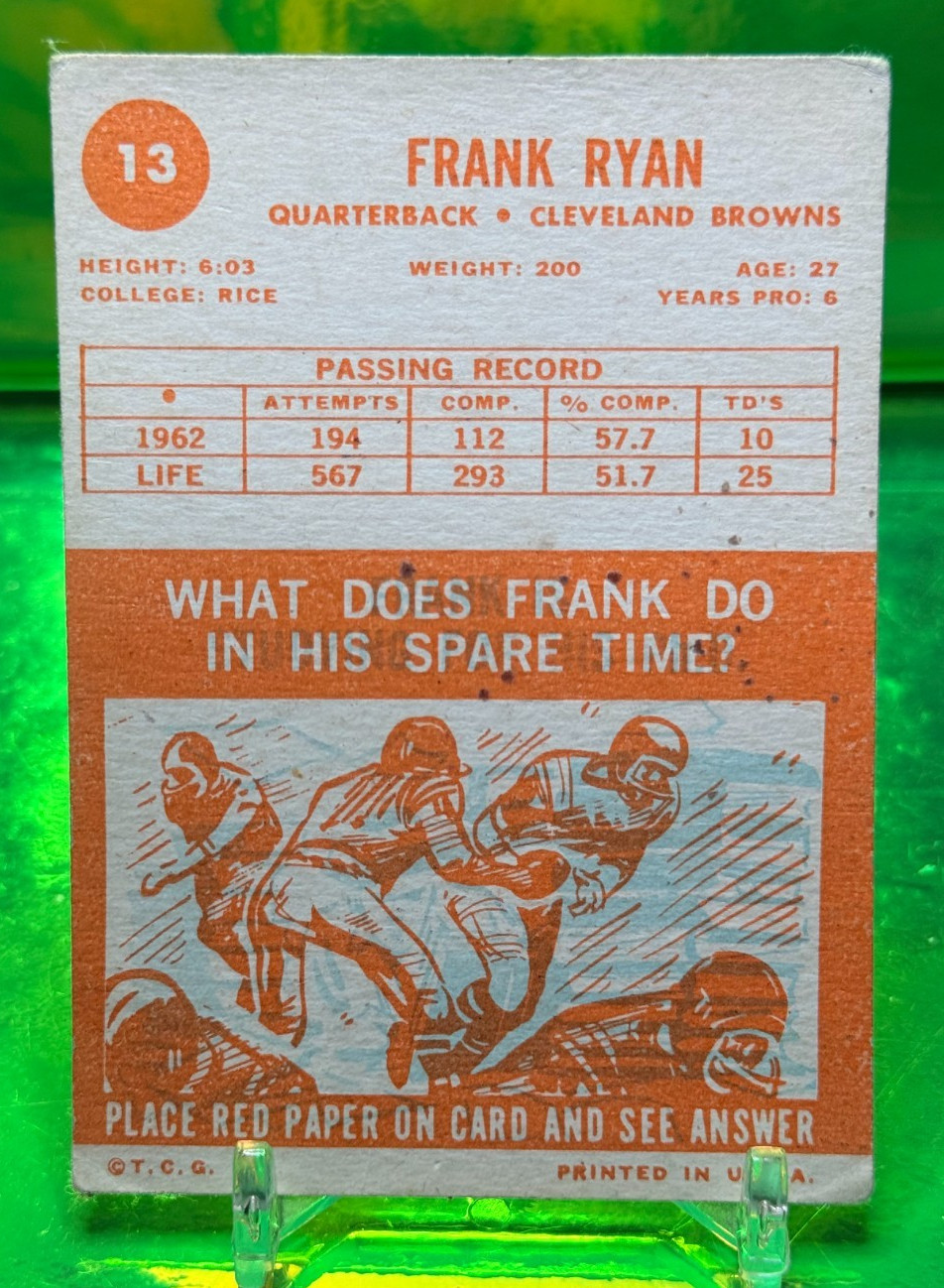 1963 Topps Frank Ryan #13 Cleveland Browns 1964 NFL Champions LEGEND Pro Bowler