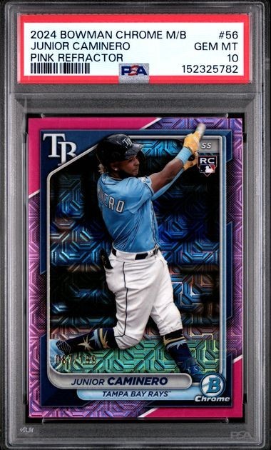 2024 BOWMAN CHROME MEGA BOX #56 JUNIOR CAMINERO PINK REFRACTOR /199 PSA 10 Rays