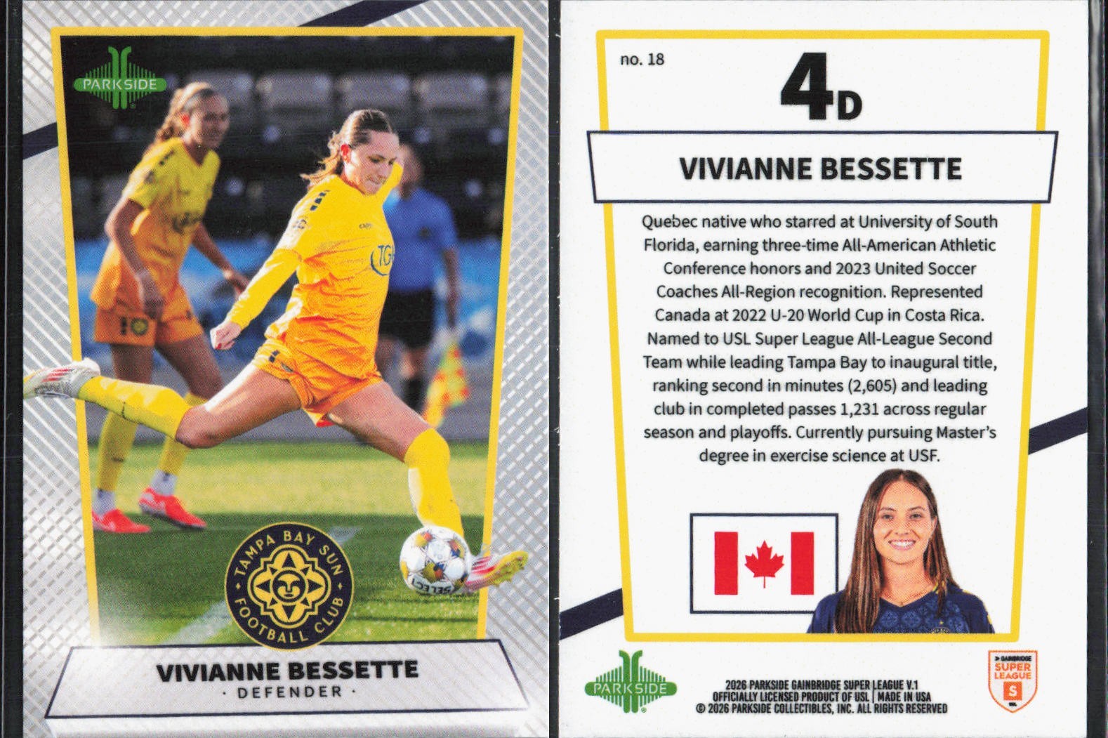 2026 Parkside USL Gainbridge Super League #18 Vivianne Bessette Tampa Bay Sun FC