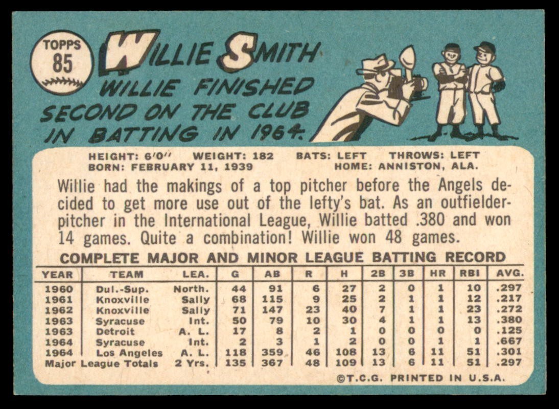 1965 Topps #85 WILLIE SMITH Los Angeles Angels EX-EX+