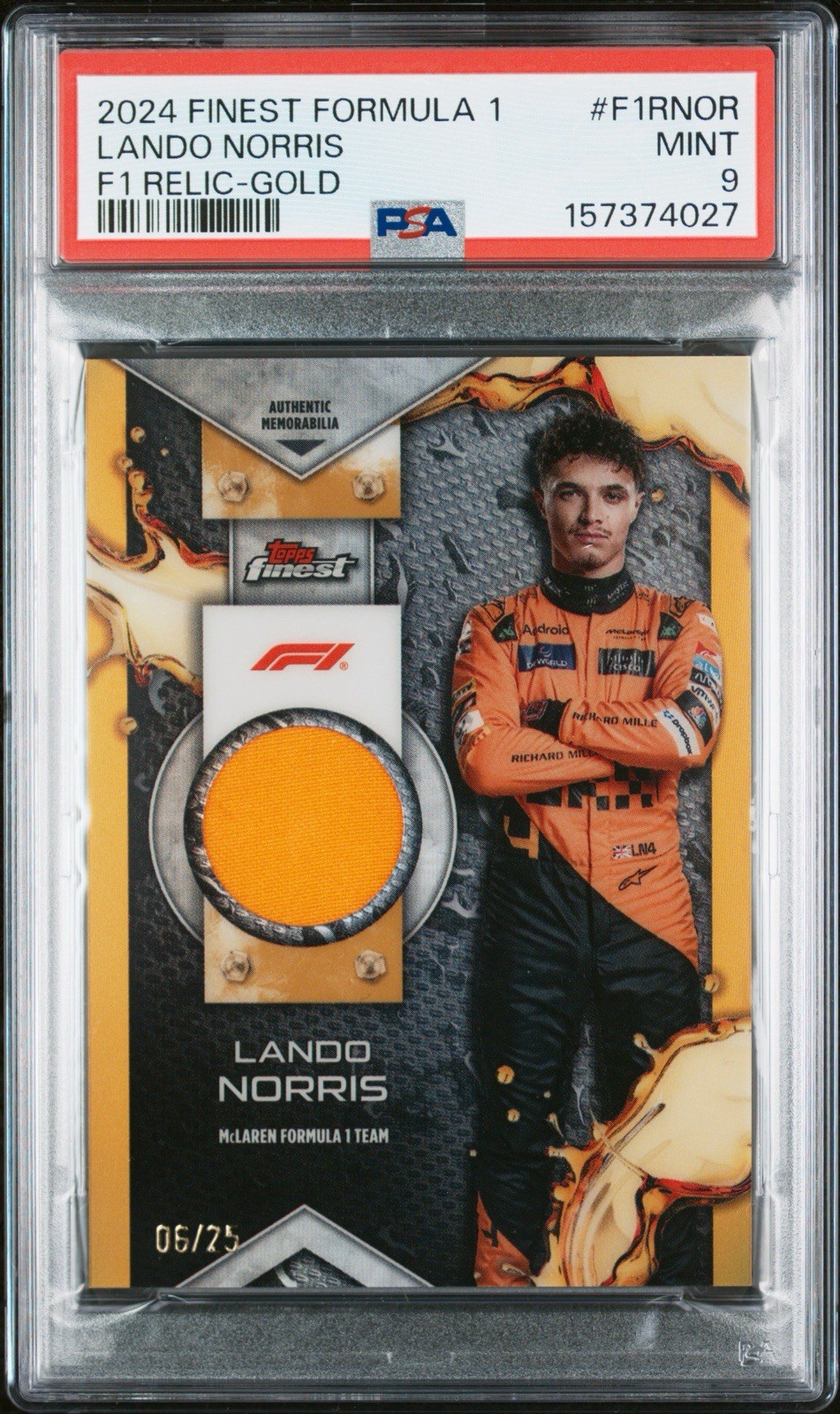 2024 FINEST FORMULA 1 LANDO NORRIS F1 RELIC-GOLD PSA 9