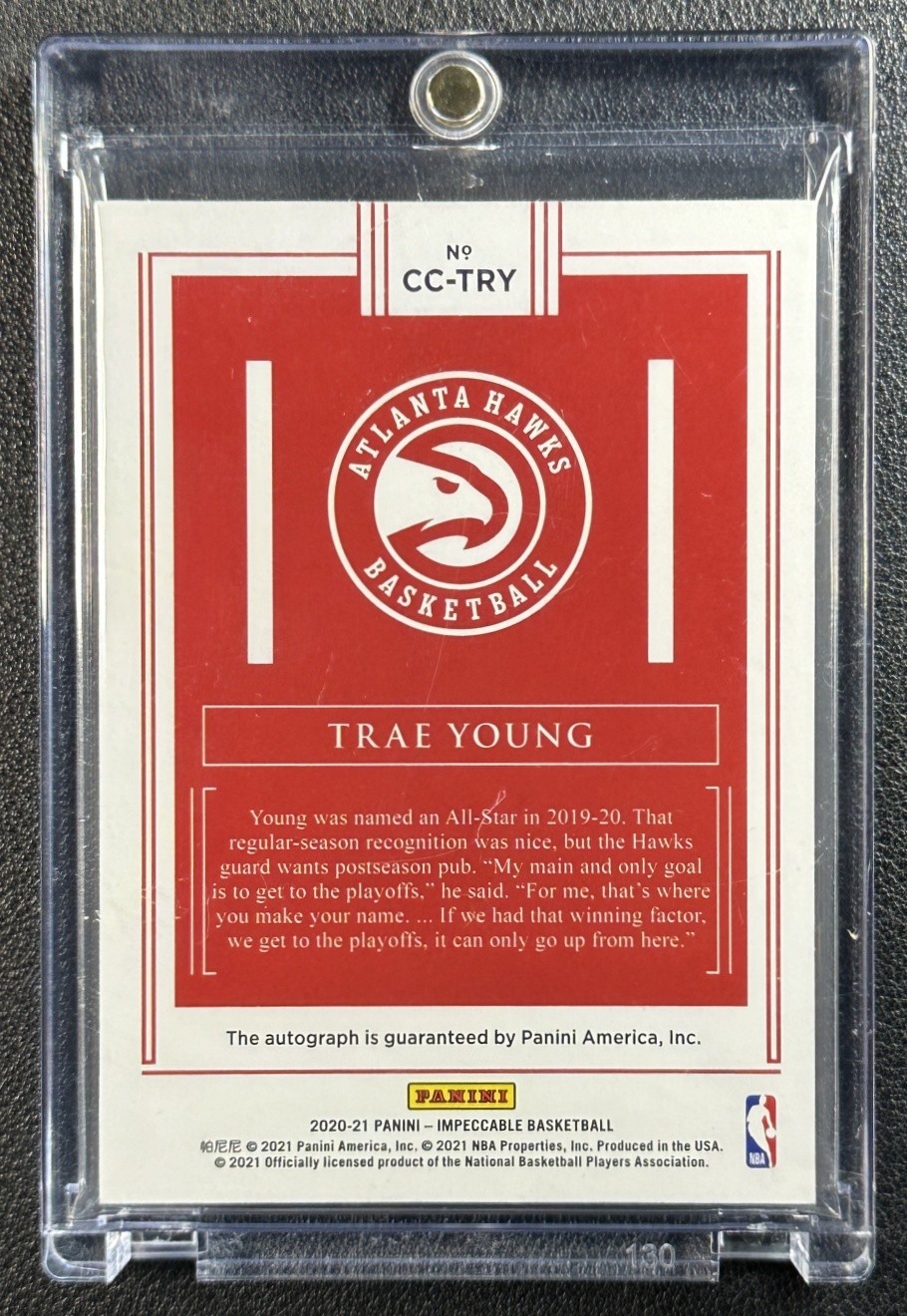 TRAE YOUNG 2020-21 PANINI IMPECCABLE #CC-TRY CANVAS CREATIONS HOLO GOLD AUTO 4/5