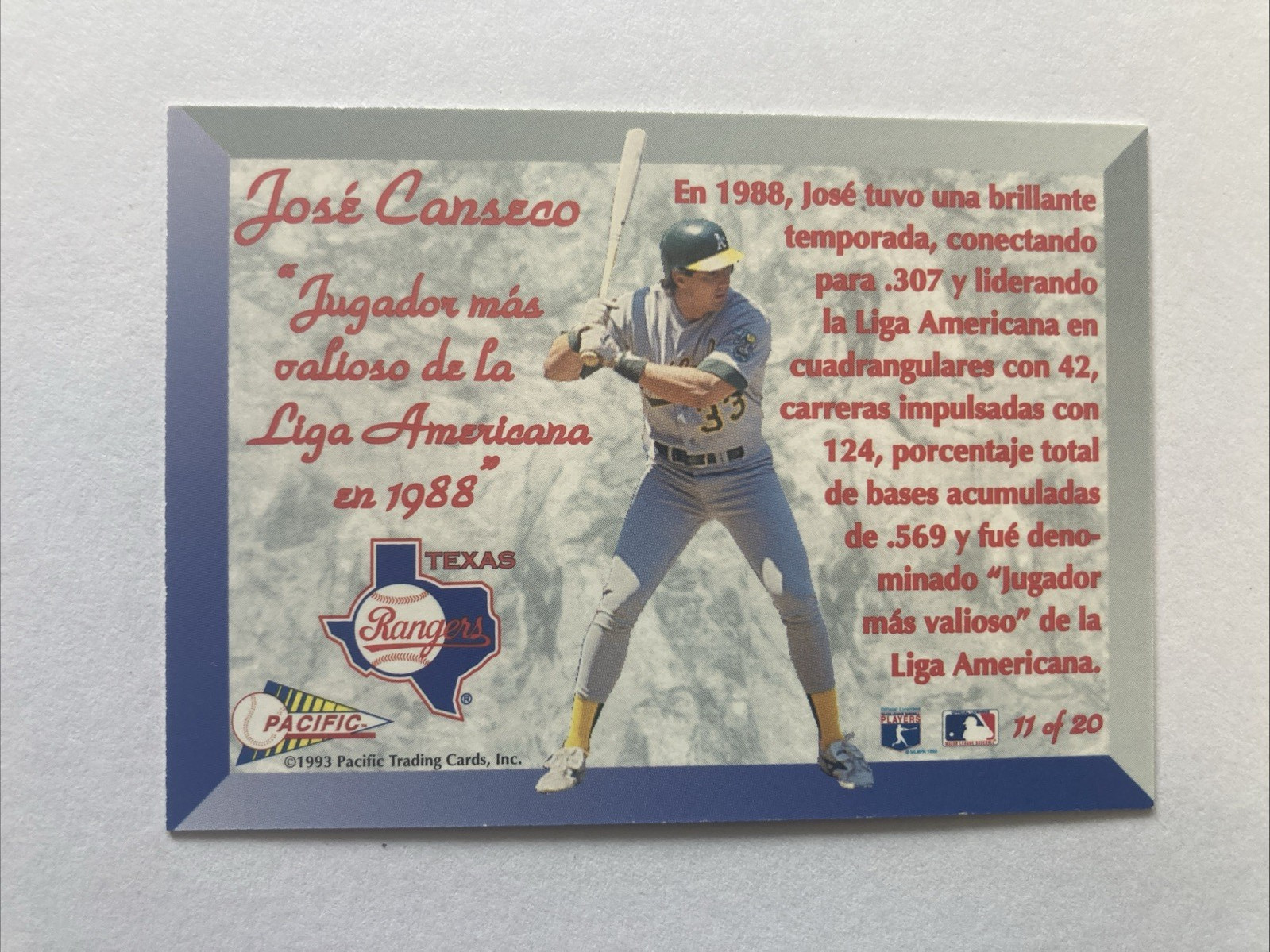 1993 Pacific Spanish – Prisms Insert Jose Canseco #11 Texas Rangers