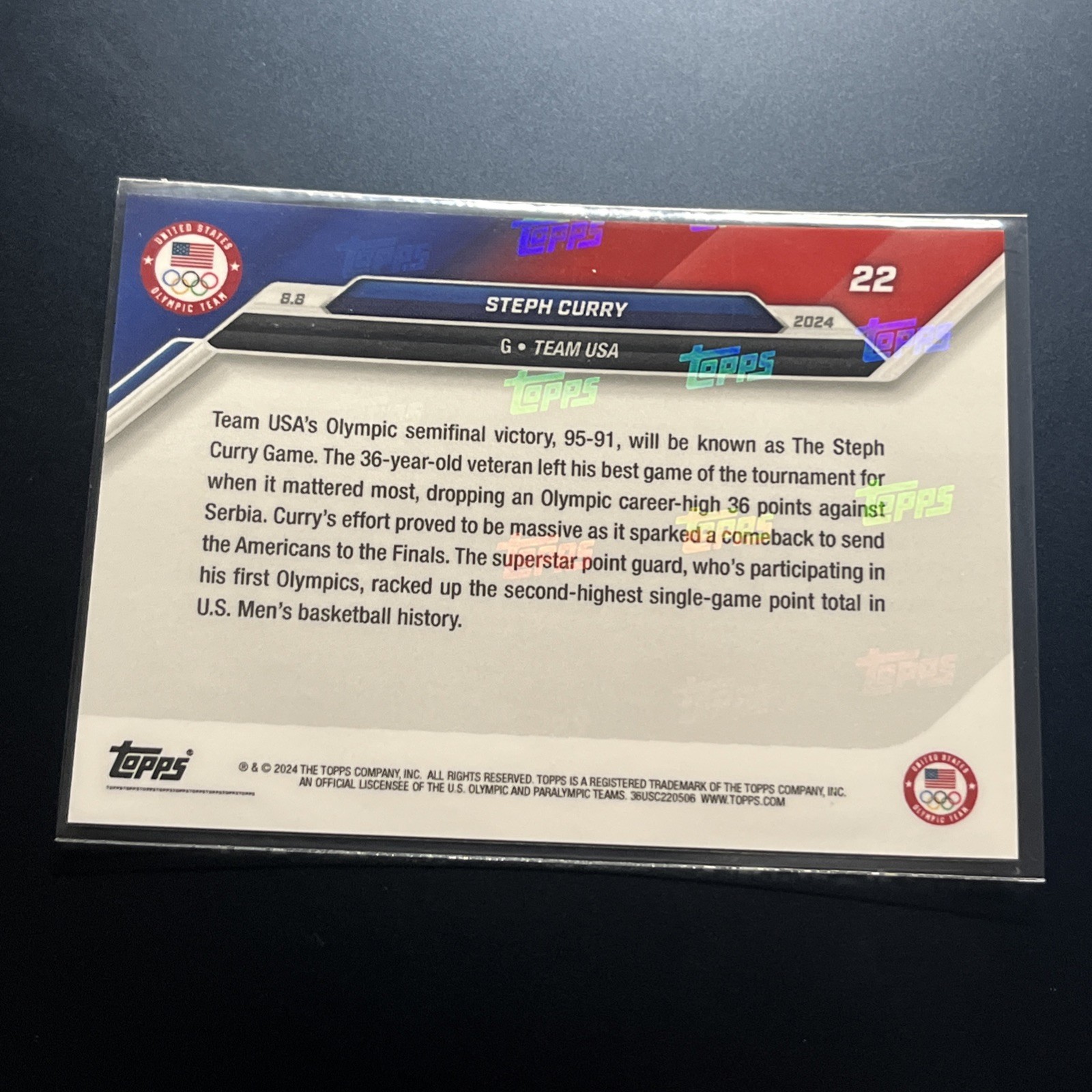 2024 Topps NOW Olympics Team USA Steph Curry 36-POINT PERFORMANCE Base #22 (D1)