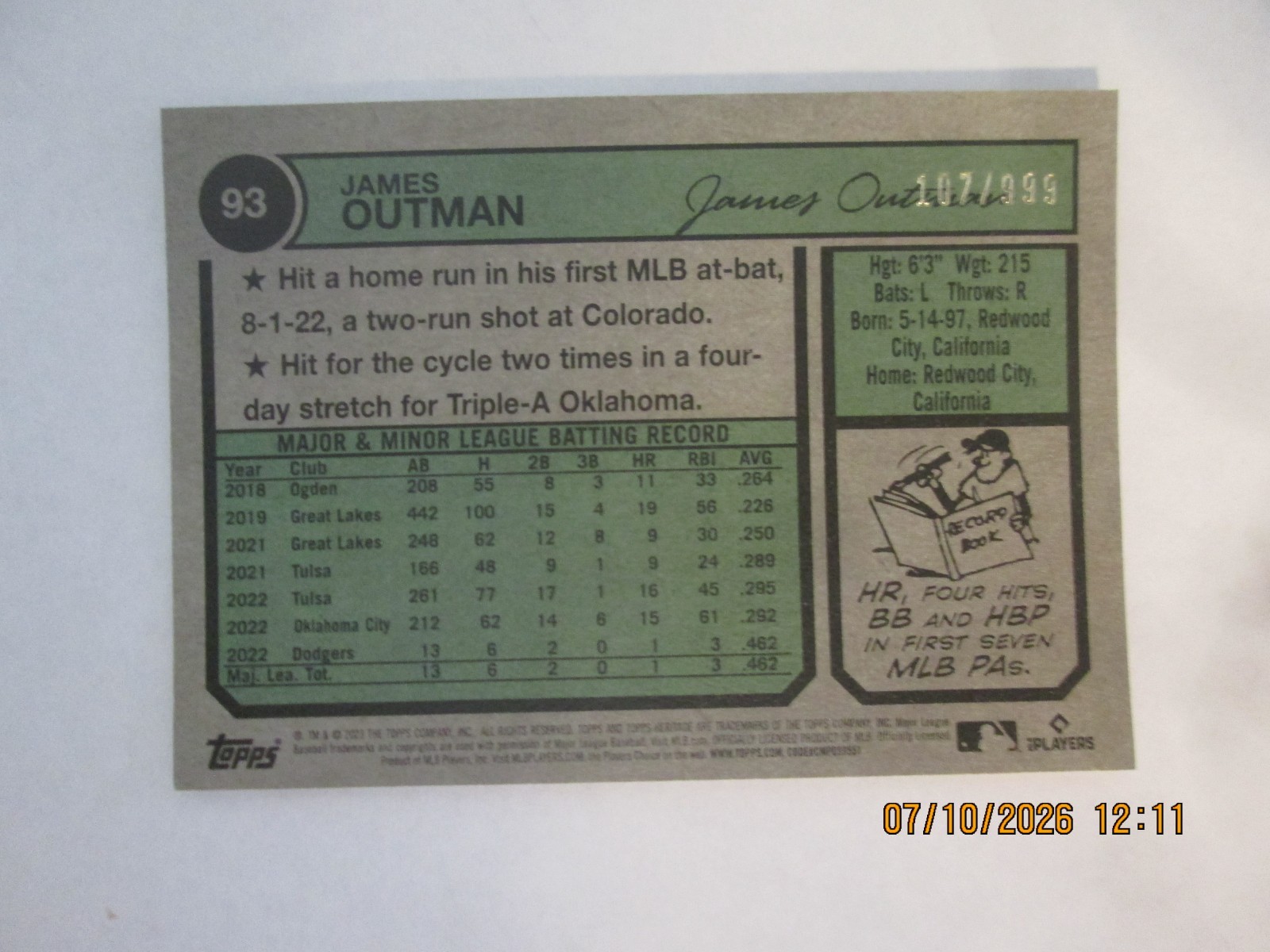 JAMES OUTMAN DODGERS 2023 TOPPS HERITAGE CHROME ROOKIE CARD #93 107/999