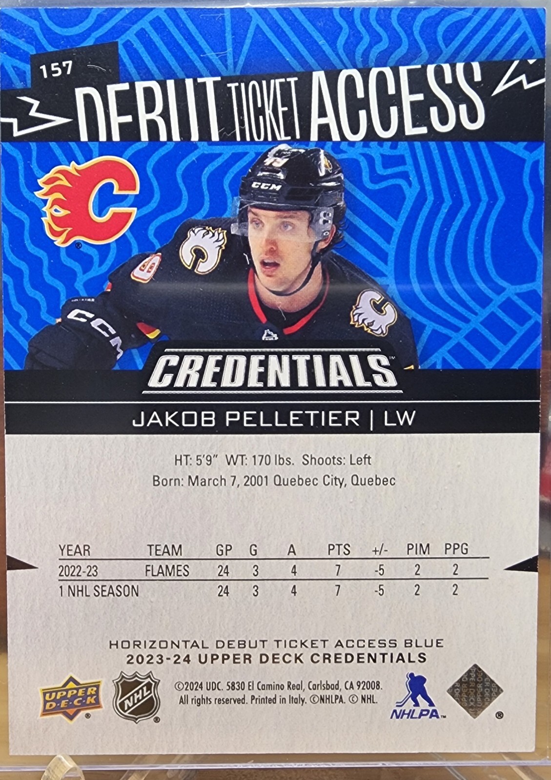 2023-24 UD Credentials Horizontal Debut Ticket Access Blue Jakob Pelletier #/49