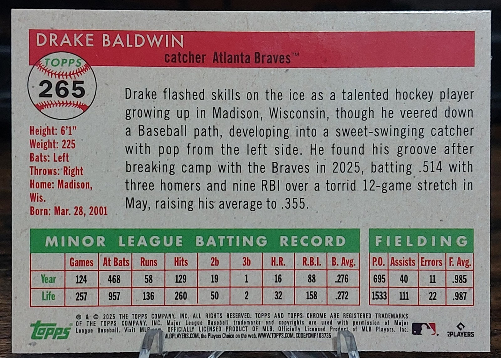 2025 Topps Platinum Drake Baldwin Blue Prism Refractor RC #265 Braves