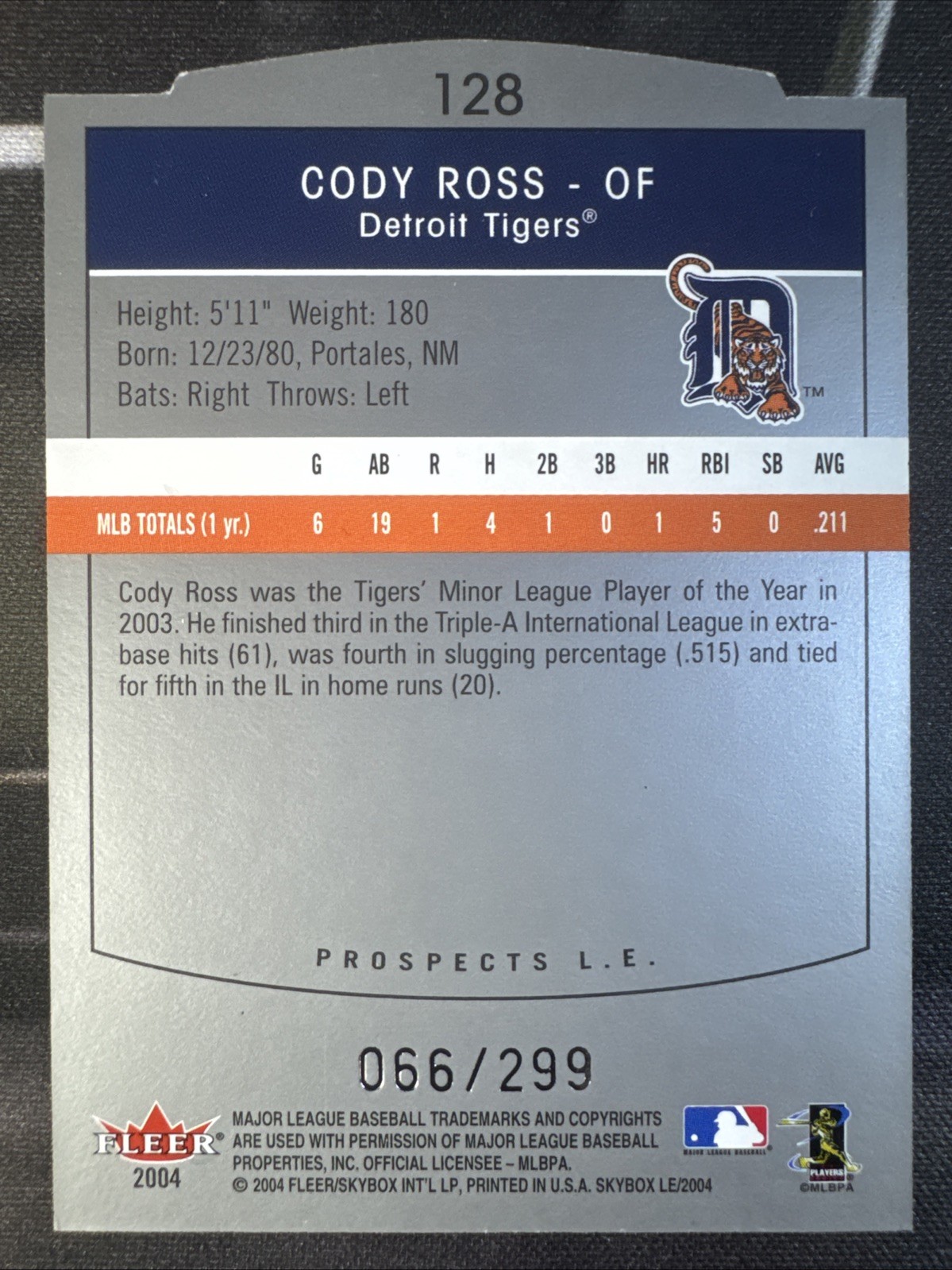 Cody Ross 2004 Skybox Detroit Tigers Rookie Die-Cut #128 #66 Of 299
