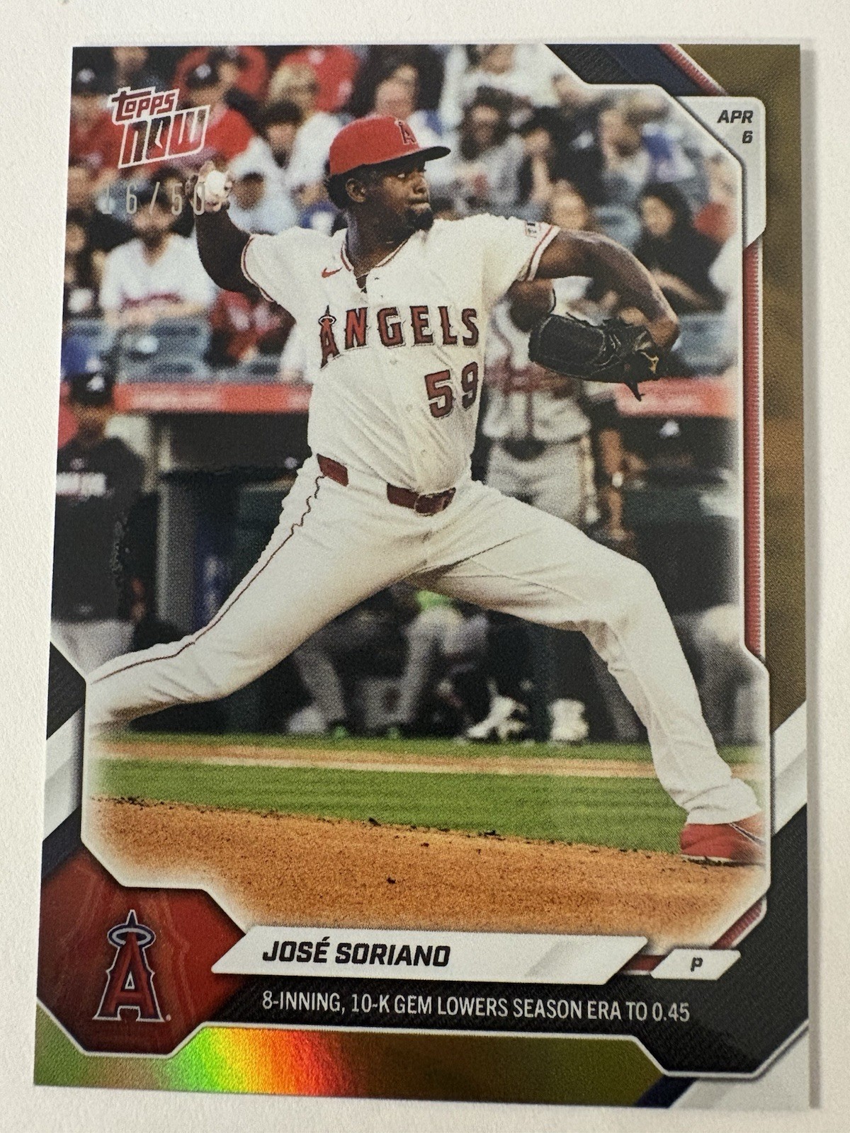 Jose Soriano Angels 8 IP 10 K Gem 0.45 ERA 2026 MLB Topps NOW #58 Gold 16/50