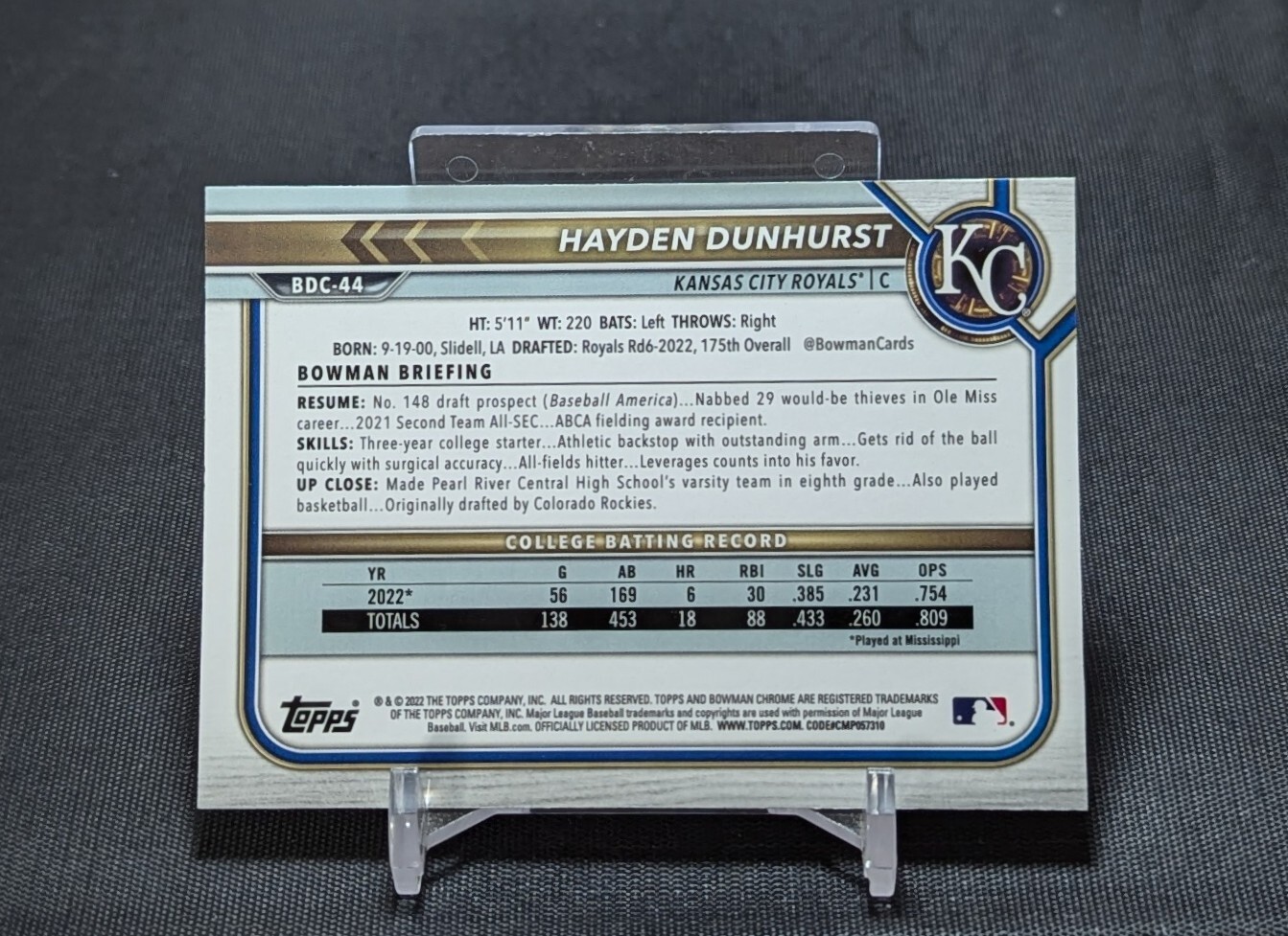 Hayden Dunhurst 1st Chrome Prospect Rookie 2022 Bowman Draft Card #BDC-44 Royals