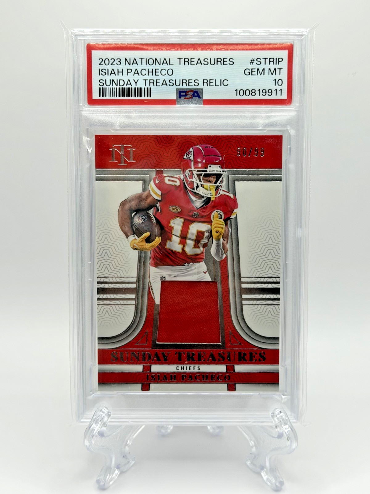 2023 National Treasures Isiah Pacheco Jersey Relic Lions #90/99 PSA 10 ~ POP 1