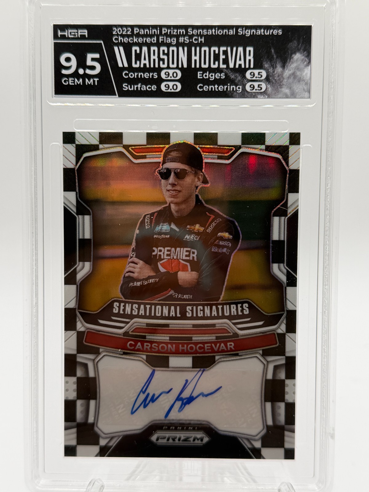 #03/50 Carson Hocevar 2022 Prizm Sensational Signatures Checkered Flag HGA 9.5