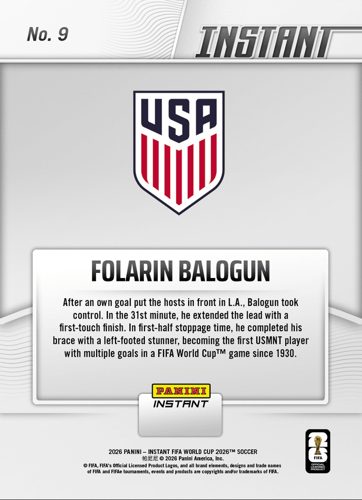 2026 Panini Instant FIFA World Cup Folarin Balogun #9 USA Soccer Card