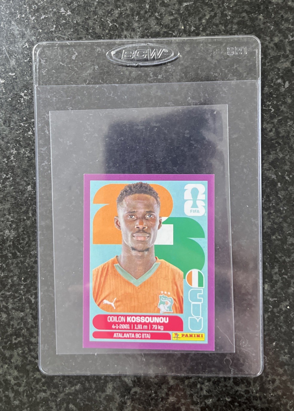 Odilon Kossounou FIFA panini 2026 World Cup Sticker Purple Parallel