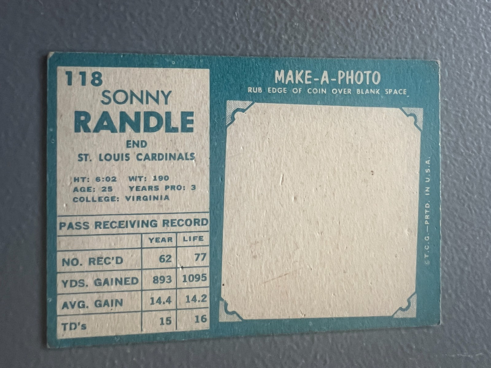 1961 Topps Football – Sonny Randle ( St. Louis Cardinals ) Rookie #118 – VG/EX